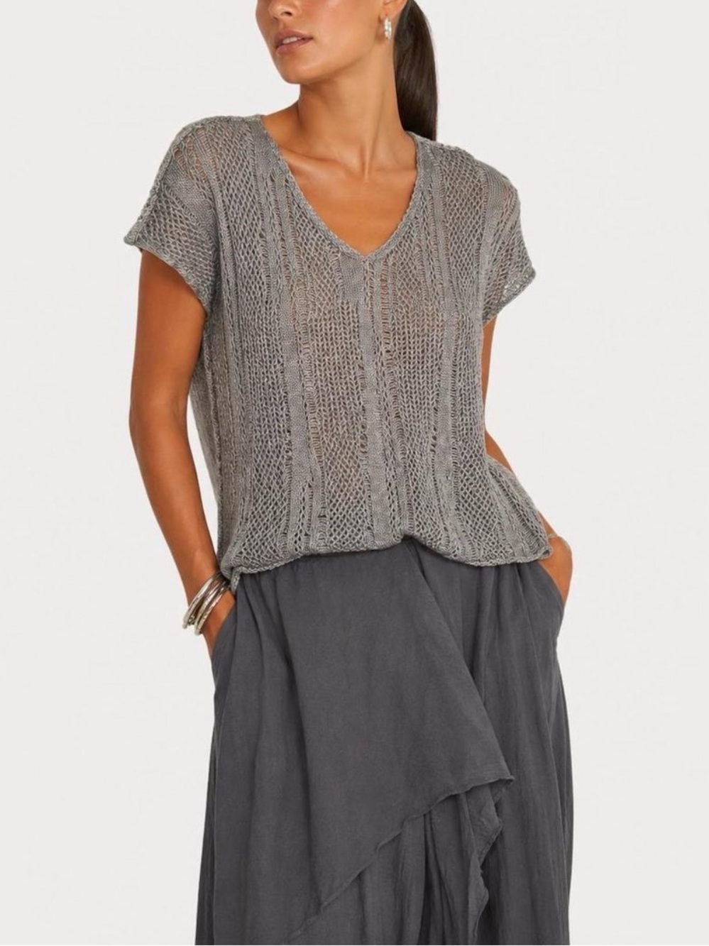 Eileen Fisher Gray Open-Knit V-Neck Tank Top